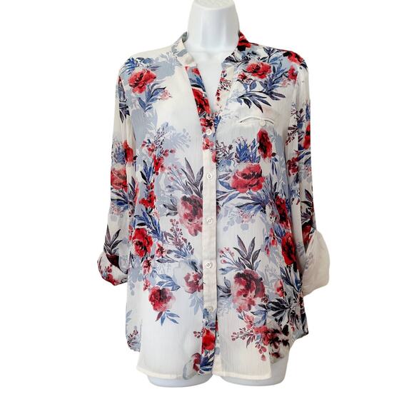 Kut From the Kloth Sheer Lightweight Long Sleeve Button Front Floral Top Small - Picture 1 of 5